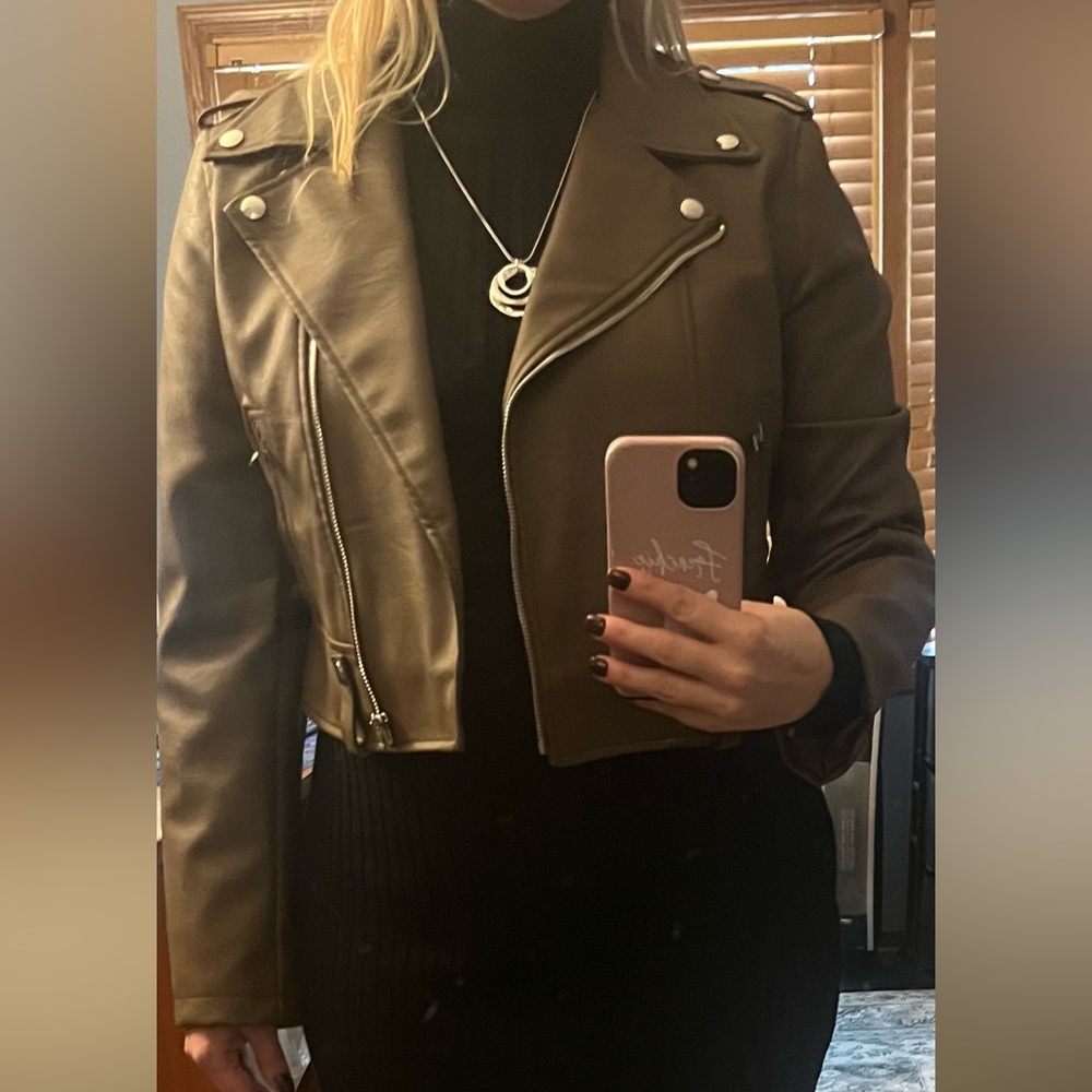 Brown faux Leather Jacket BY SHEIN Size large slightly cropped-NWOT